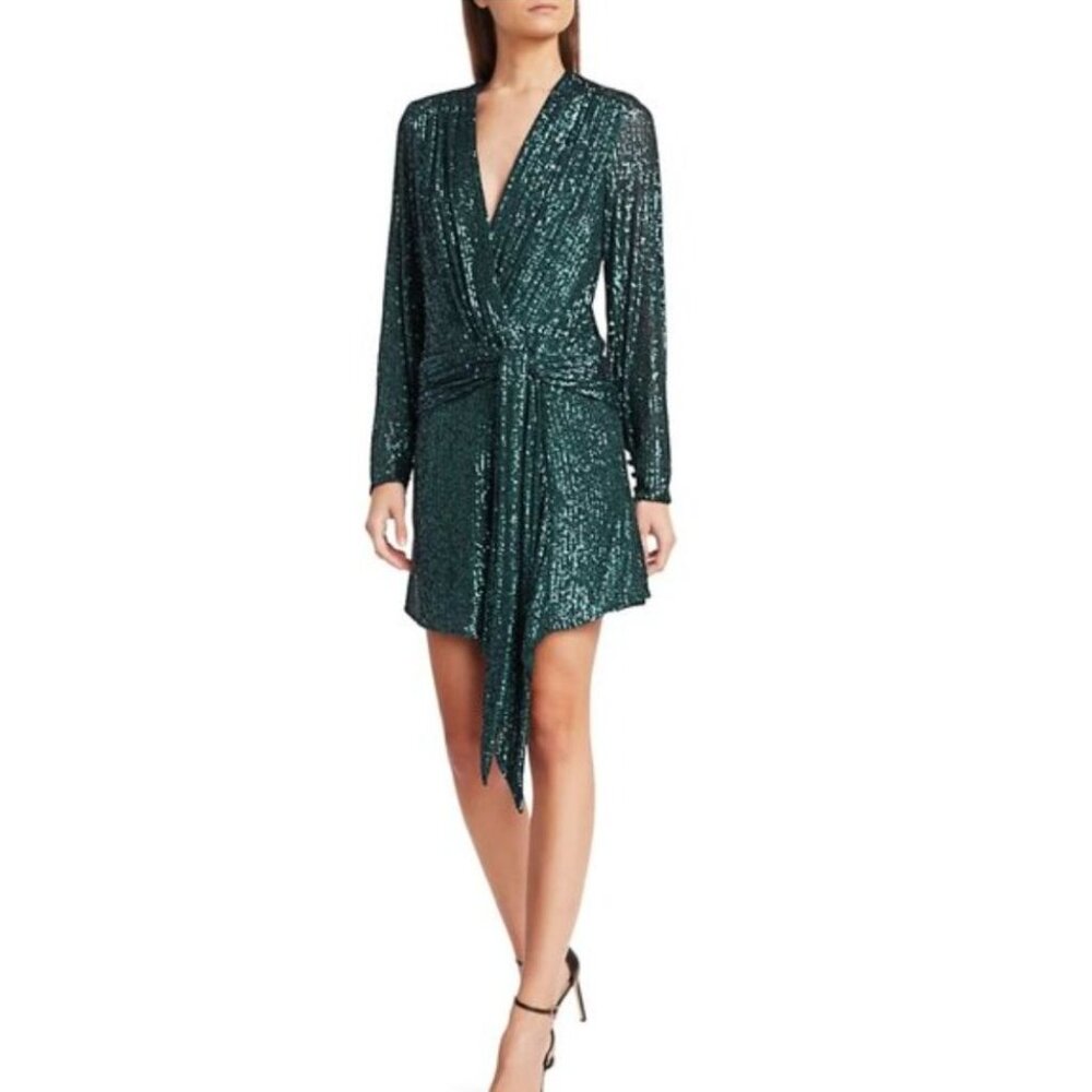 LUXURY JONATHAN SIMKHAI Wo Sequin Draped Long Sleeve Cocktail Dress Blue Marine…